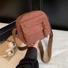 Pink Strawberry Print Corduroy Mini Backpack Cute Small Crossbody Bag With Woven Strap Daily Shopping Fashion Purse