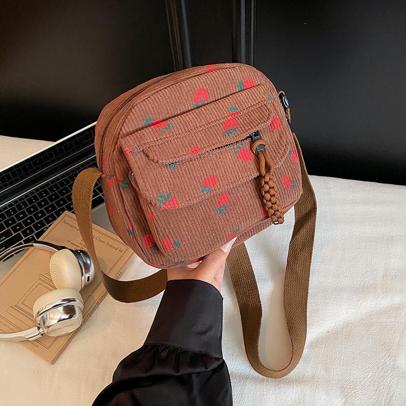 Pink Strawberry Print Corduroy Mini Backpack Cute Small Crossbody Bag With Woven Strap Daily Shopping Fashion Purse