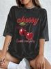 Red Cherries Sweat And Juicy Prints Washed T-Shirts Womens Cotton Oversize Tops Casual O-Neck Distressed T Shirt Summer Clothes