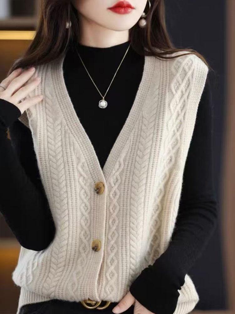 2026 Spring/Autumn Women's Korean V-neck Knit Buttoned Sleeveless Cardigan Vest