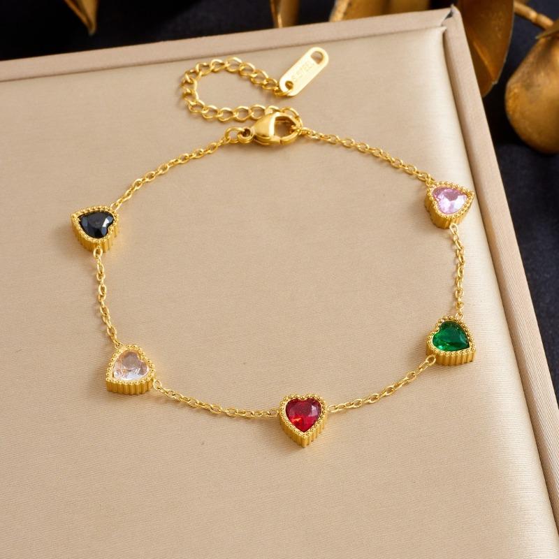 Gold Anklet with 5 Green Heart Gems, Dainty Foot Chain for Women Summer Beach Jewelry Gift