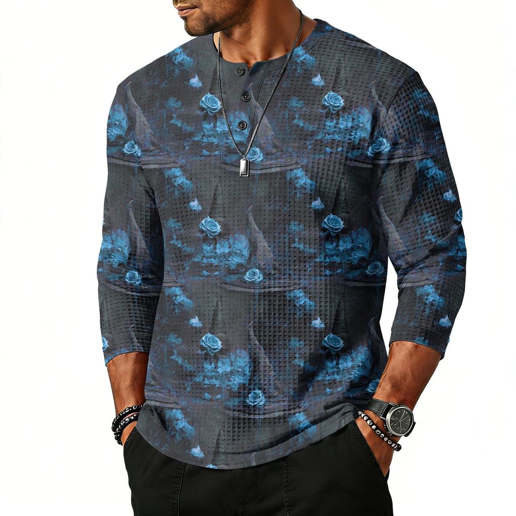 Men's Casual Raglan Sleeve Henley Shirt Three Quarter Sleeve Lightweight Breathable Top with Floral Graphic Print for Everyday Wear