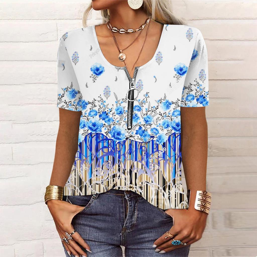 Dame Kortermet Casual Mote Trykk Rund Hals Løs Kortermet Topp