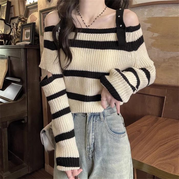 

2024 Осенний полосатый вязаный топ - Женский сексуальный короткий свитер с открытыми плечами One Size
