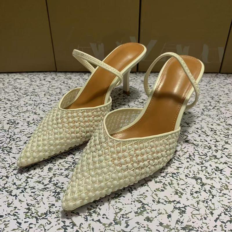 Fashion Brand Fashion Woven Mesh Beading Women Pumps Elegant Pointed Toe Chic Thin High Heels Summer Classic Slingback Office Lady Shoes