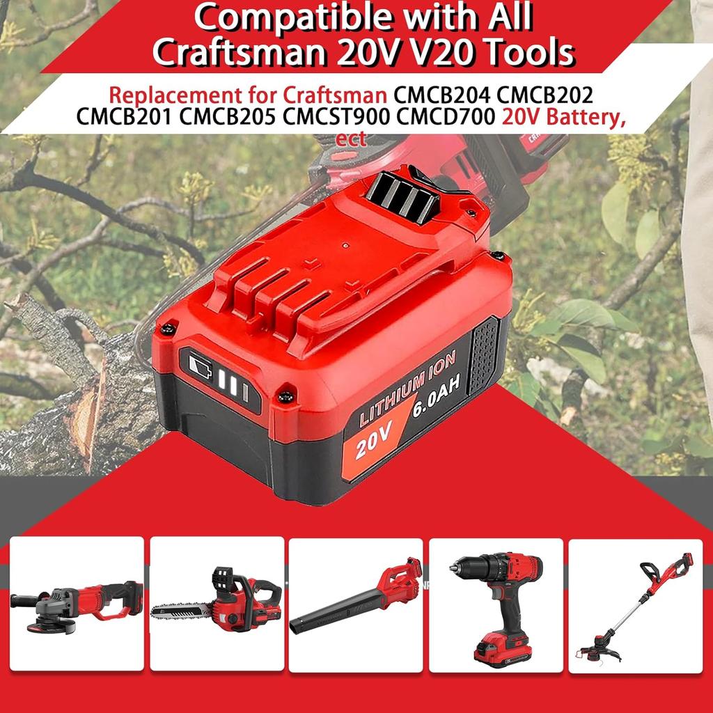 V20 20V Lithium Battery: Replacement for Craftsman 20V CMCB204 CMCB202 CMCB201 Cordless Drill Tools - 6Ah 20 Volt Max Battery Pack