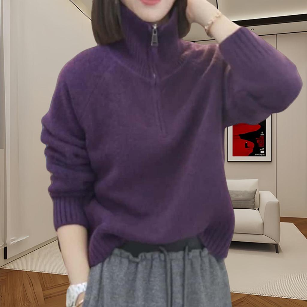 Women's Chic High Neck Half Zip Knit Sweater - Fashionable and Versatile for Autumn/Winter