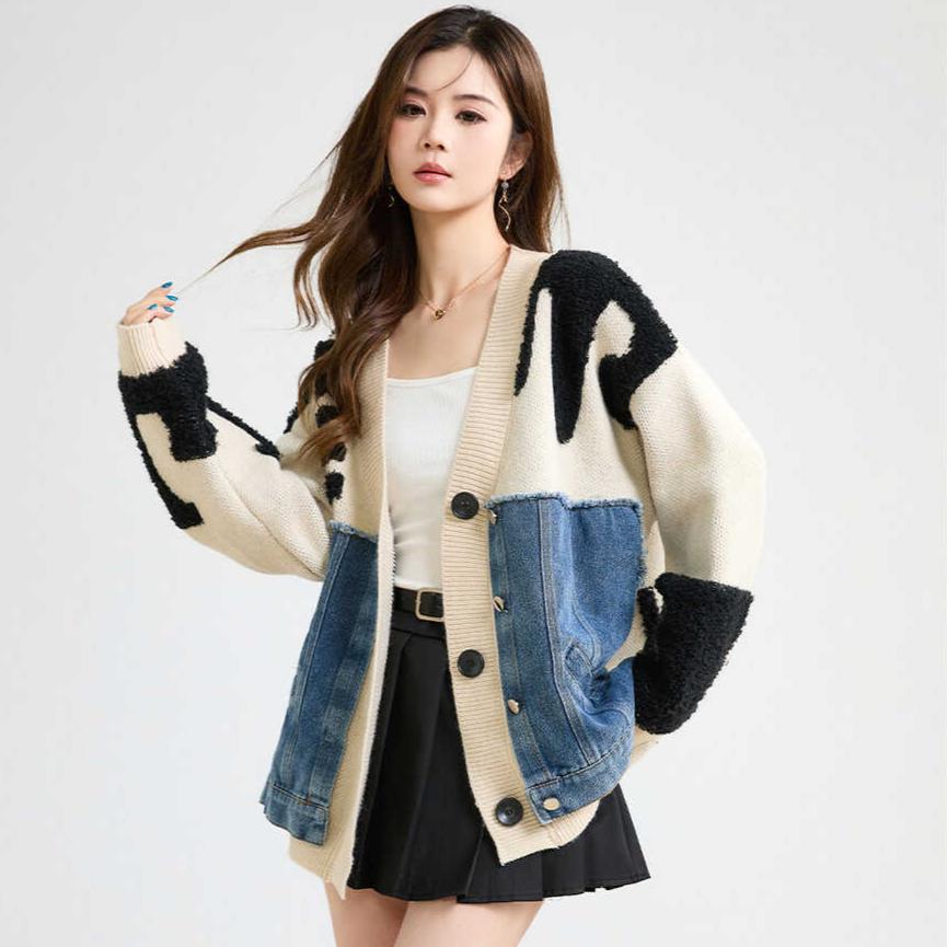 Dimanaf 2025 Autumn New Jacket Women Letter Print Sweaters Coat Patchwork Wadded Coat Cardigan Knitting Pockets Fake Two-Piece Sweater