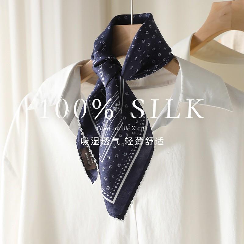Vintage Navy Blue Silk Square Scarf Women 100% Mulberry Breathable Neck Protection Professional Light Mature Style Small