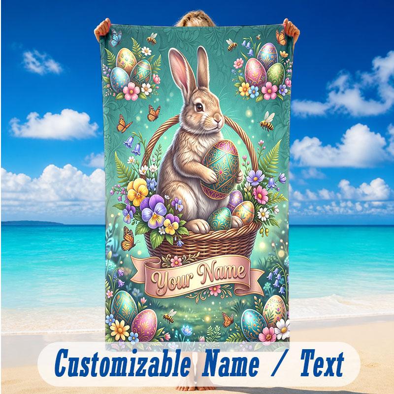 Easter Bunny Theme Beach Towel Personalized Custom Name & Text Soft Quick Dry Beach Towel for Swimming Travel