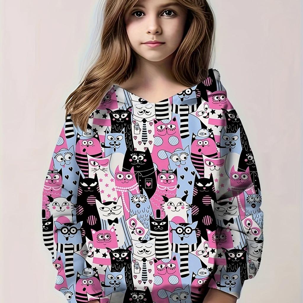 Kids Clothes Girl Hoodies Long Sleeve Cute 3D Cat Print Children Spring Fall Clothes Casual Cartoon Outdoor Girl Clothes Tops