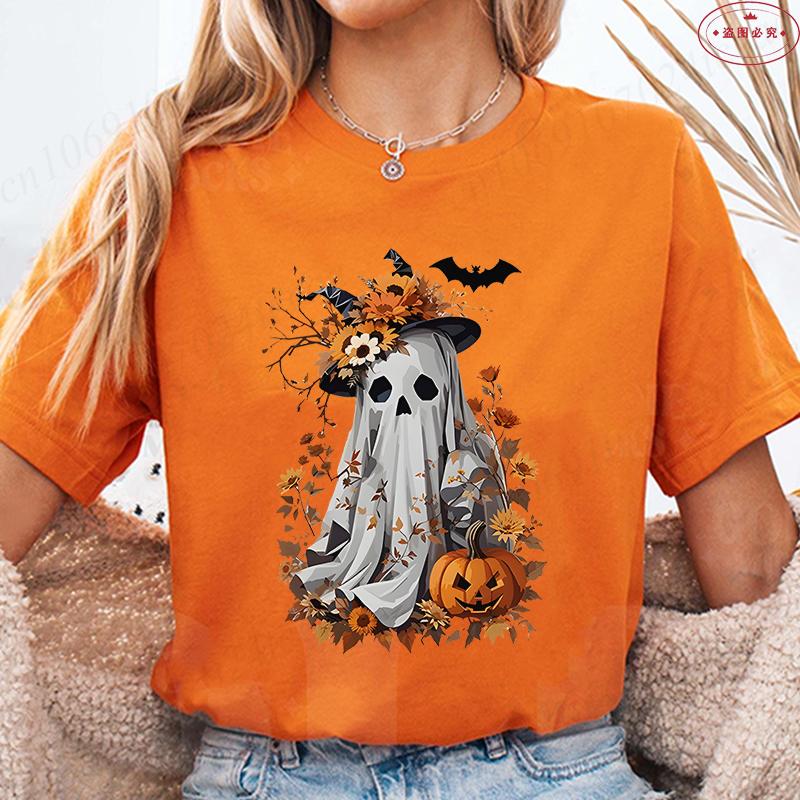 Halloween Boo with Pumpkin Print Womens TShirts Crew Neck TShirt Short Sleeve Casual Top for Spooky Season Womens Clothing