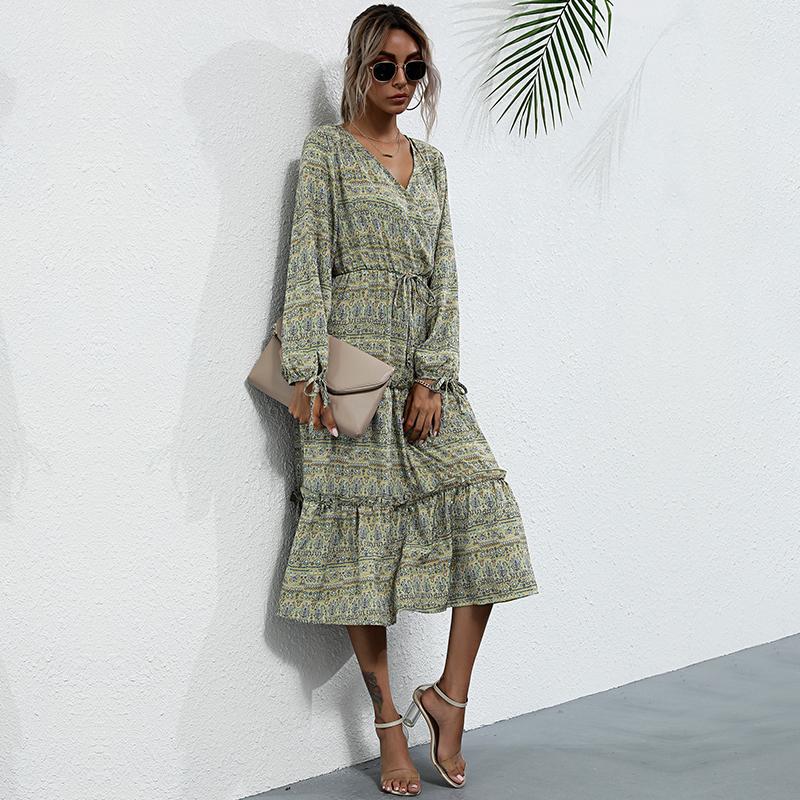 YYFS Women's Vintage Floral Print Long Sleeve V-Neck Casual Dresses