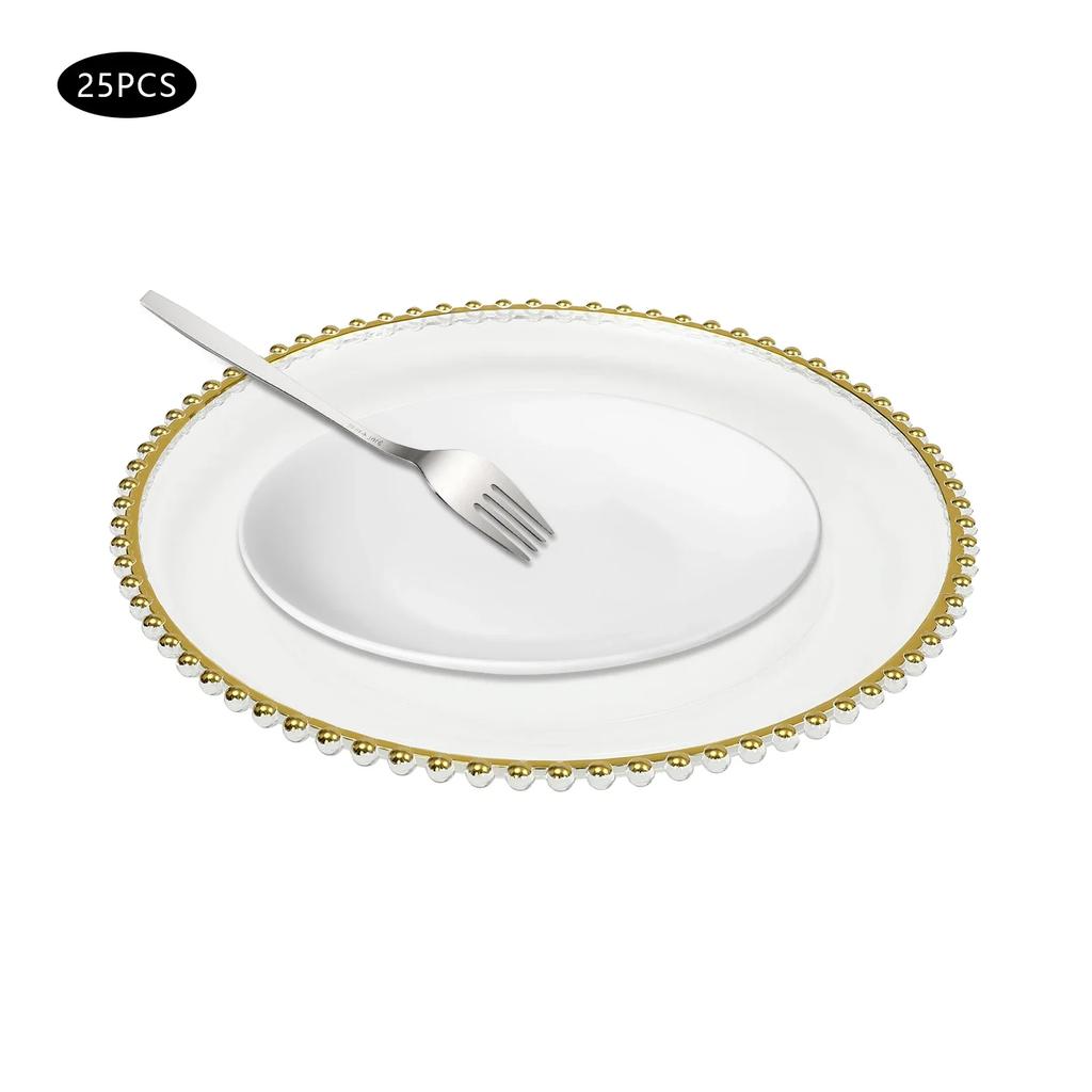 25 Stück Goldene und Klare Platzteller mit Perlenrand, Goldene Runde Platzteller aus Kunststoff, Dekorative Teller für den Esstisch