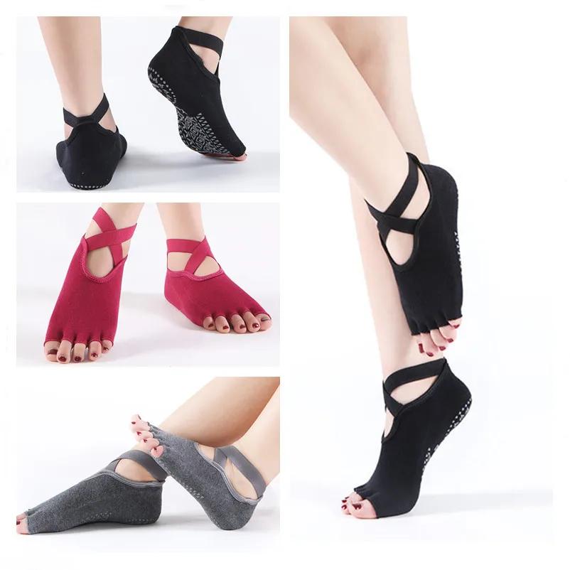 Women Toeless Yoga Socks with Grips Anti-Slip Bandage Sport Socks Ballet Dance Latin Barre Pilates Fitness Equipment Floor Socks