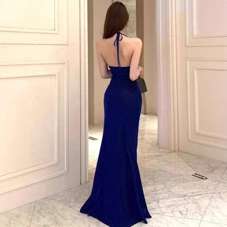 Summer New French Temperament Design Sense Sparkling V-neck Neck Split Fork Slim Slim Dress Women's Clothing