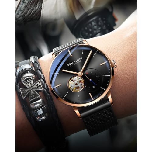 SOLLEN Men's Skeleton Automatic Watch - Original Mechanical Movement, Mineral Glass, 30m Water Resistance, Seconds Subdial & Luminous Hands, Minimalis