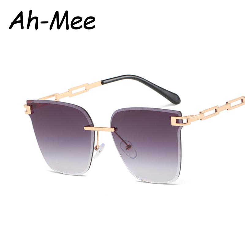2pcs Fashion Rimless Large Cat Eye Sunglasses Women Gradient Brown Cutting Lens Sun Glasses For Female Alloy Eyeglasses UV400