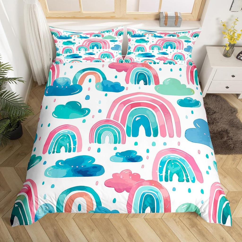 Rainbow Comforter Cover Watercolor Hand Drawn Duvet Cover Cartoon Raindrop Kawaii Bedding Set Girl Crown Love Hearts Quilt Cover