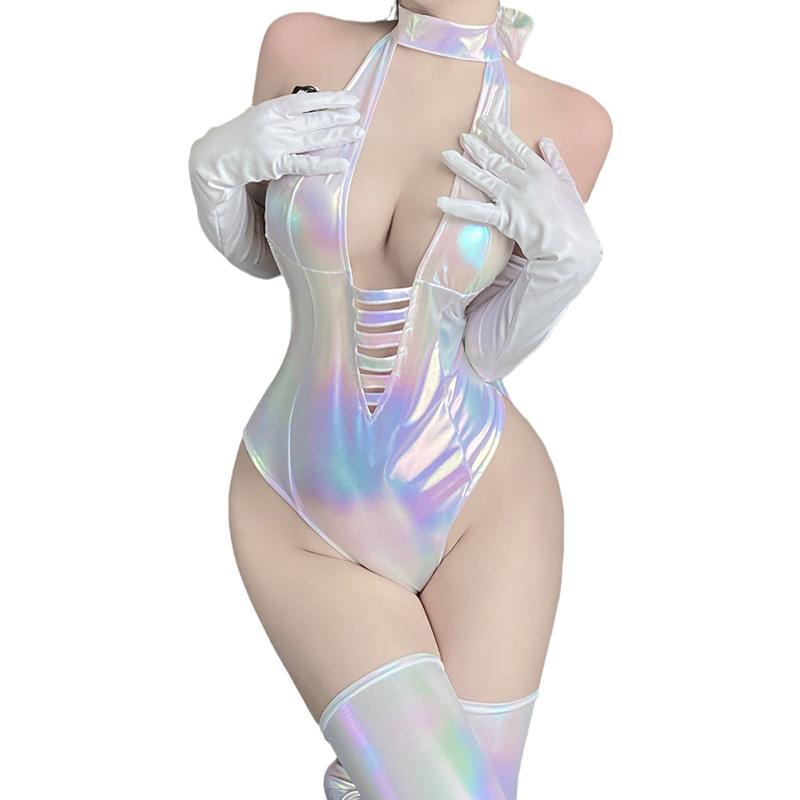 Sexy Open-Crotch Iridescent Catgirl Bodysuit Sexy Halter Neck Open-Back Cosplay Uniform Set