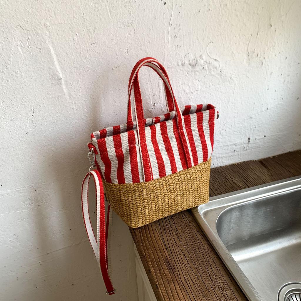 Canvas-Patchwork-Strohhängetasche Damen neue gestreifte Strandtasche Unterarm-Schulter-Freizeit-Tote-Bag