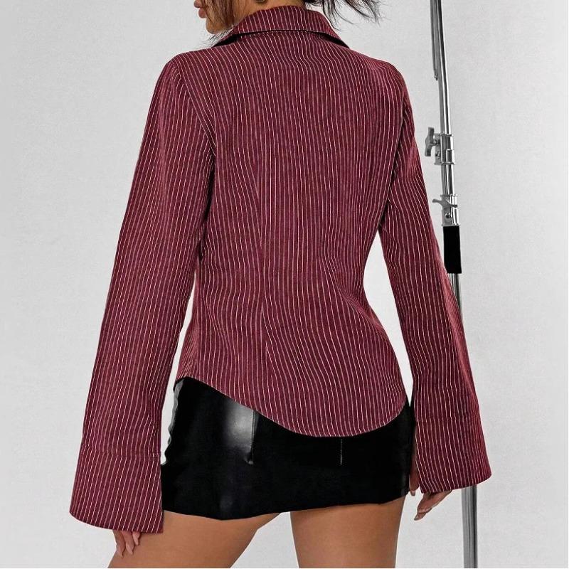 European and American Summer New Style Lapel Slim Striped Bell Sleeve Casual Shirt for Women