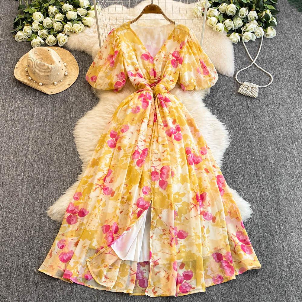 V-neck Puffed Sleeves Cinched Waist Dress Slimming Women's Dress Knee-length Slit Printed Dress