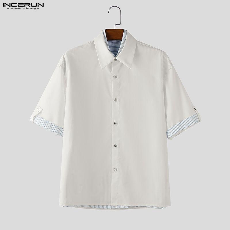 INCERUN Men Lapel Neck Short Sleeve Striped Print Oversized Shirts Tops