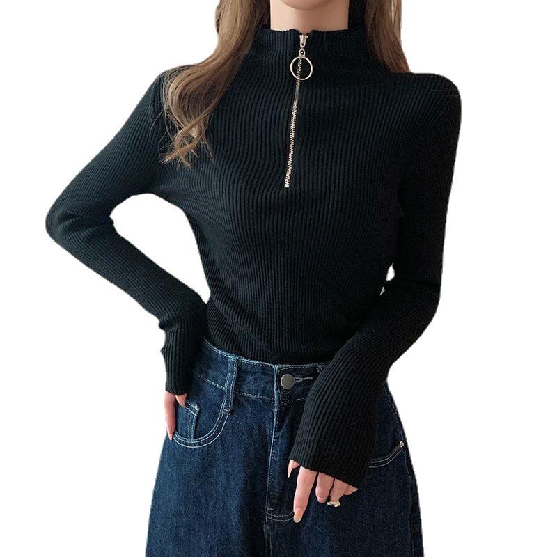 Women's Black Slim Fit Half Turtleneck Long Sleeve Zipper Shirt - 2022 Autumn New Style