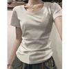Dam vit slim fit U-ringad bomulls-t-shirt, sommar kortärmad topp i 2025-stil