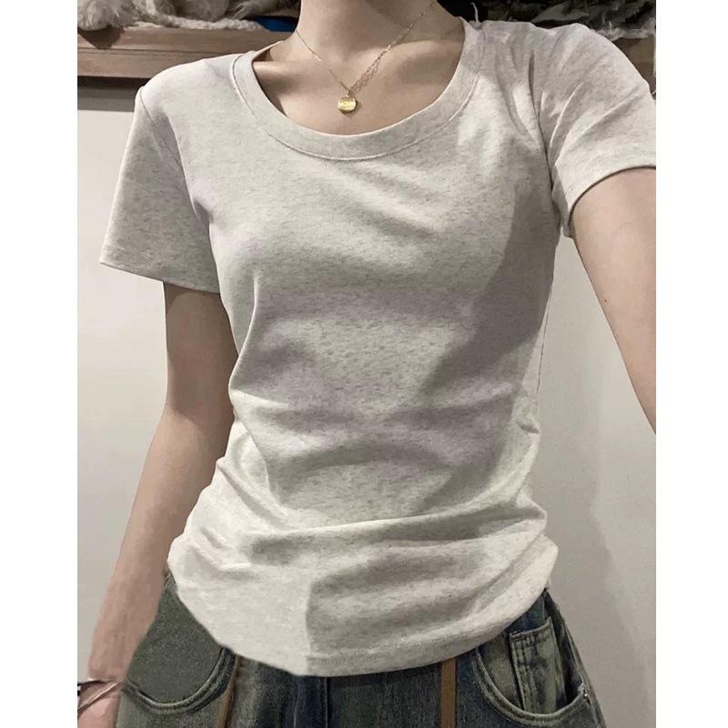 Dam vit slim fit U-ringad bomulls-t-shirt, sommar kortärmad topp i 2025-stil