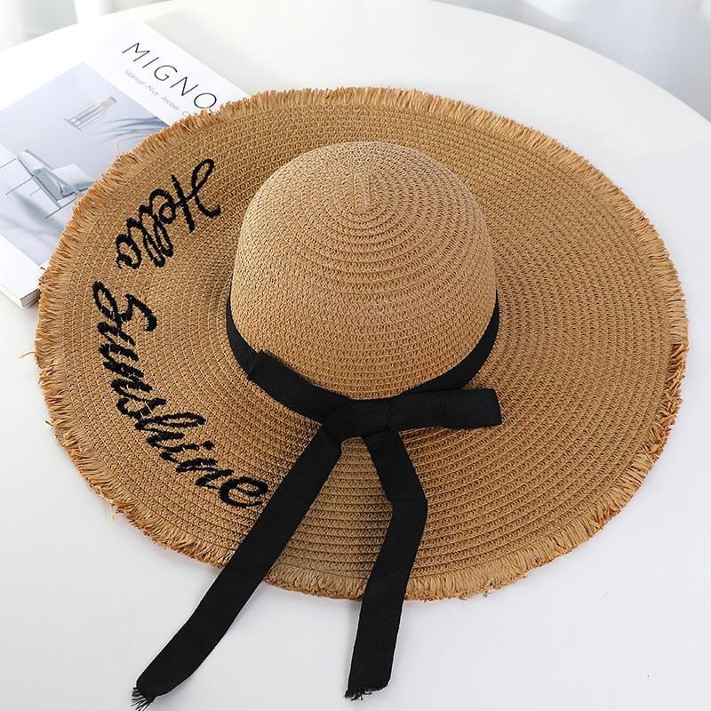 

Straw Hat Ladies Bow Broad-Brimmed Hat Big Brim Dome Beach Letters Sun Protection Seaside Sunhat Tide XMZ031 khaki All yards