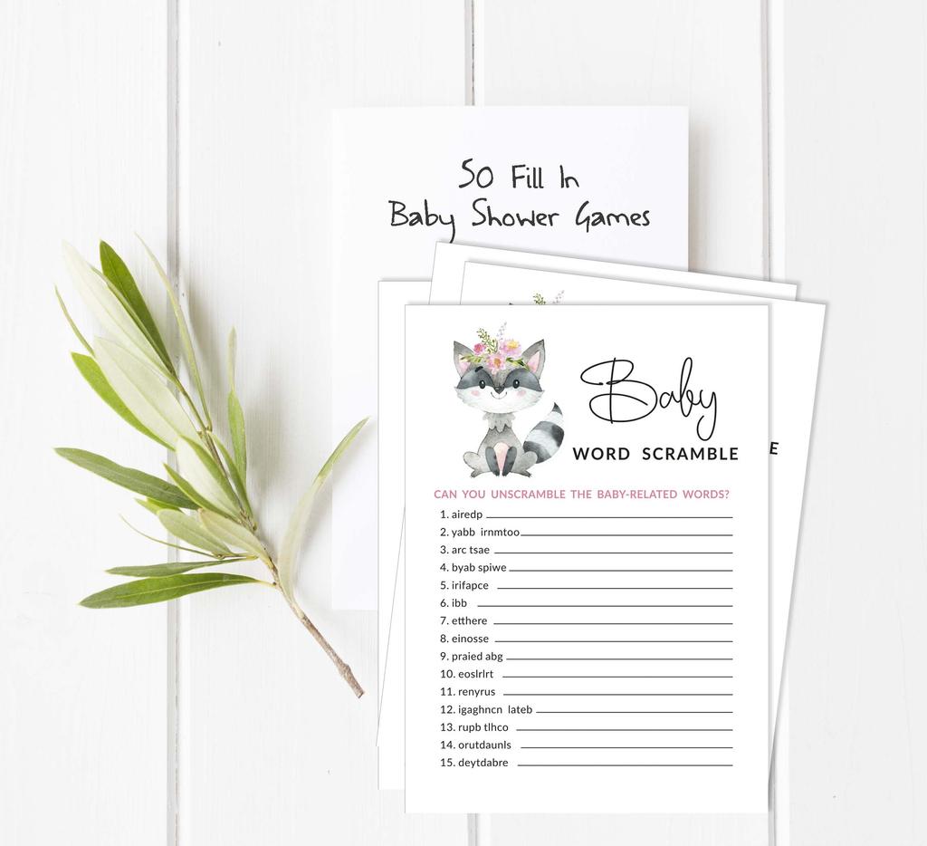 Inkdotpot Floral Raccoon Baby Shower Game Set Of 50 BabyA  AlphabetA  ABCA  Game Gender Neutral Party