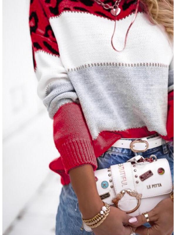 Women's Color Block Leopard Print Pullover: Long-Sleeved Casual Sweater for Autumn & Spring