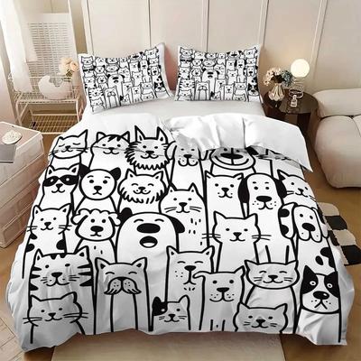 3Pcs 3D Cat Bedding Set King Size, Cartoon Black And White Cat And Dog Pattern Print Duvet Cover Set For Bedroom Decor