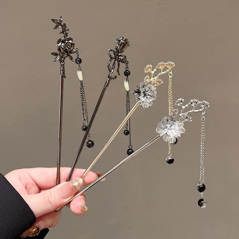 Red Moon Chinese Rose Tassel Hairpin for Updo - Hanfu Style