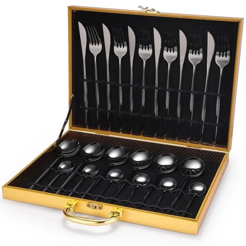 24Pcs Stainless Steel Tableware Set Steak Knife Fork Spoon Tableware Hotel Restaurant Tableware Gift Box Set Gift Tableware