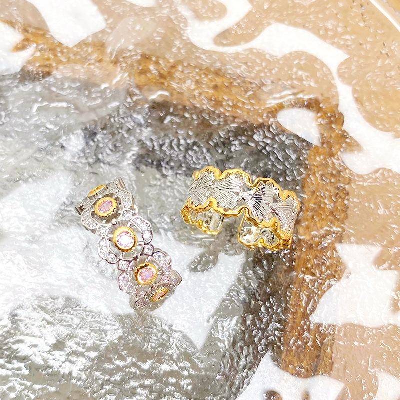 Schwerindustrie Zweifarbiger Blume Zirkon Mittelalterlich Vintage Offener Ring Leichter Luxus Nische High-End Gefühl Stapelring Frau