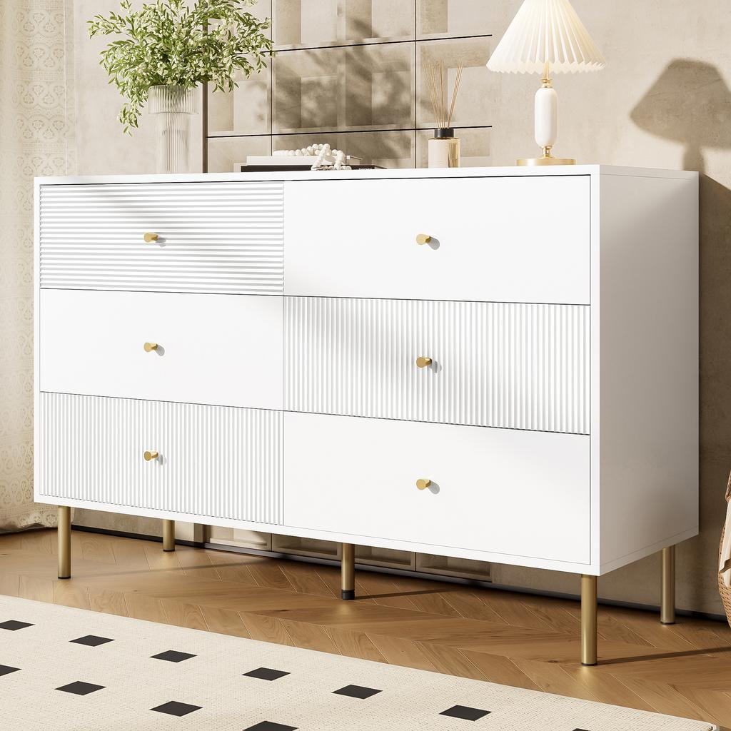 Modern 6-Drawer Chest, White Storage Chest with Zinc Alloy Handles & Steel Legs, 120×40×78cm MDF Cabinet for Bedroom, Living Room, Entryway