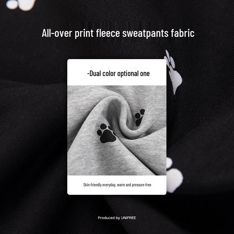 UNIFREE Plush Lined Casual Wide Leg Pants with Paw Print