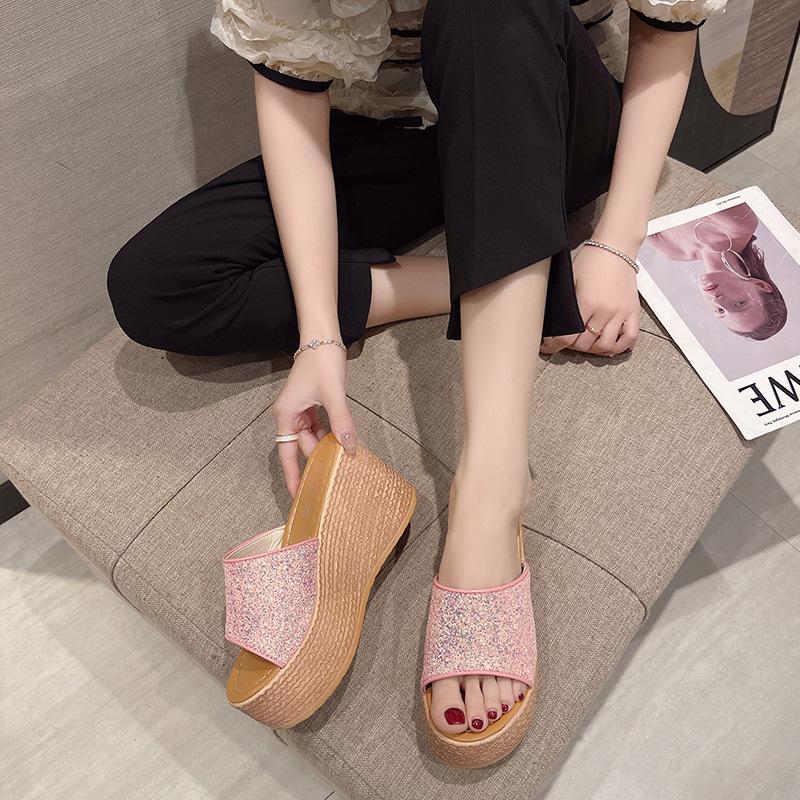 Summer Women Fashion Sexy High-heeled Thickened Outdoor Sandals, Leisure Retro Ethnic Fish Mouth Open-toed High-heeled Slippers