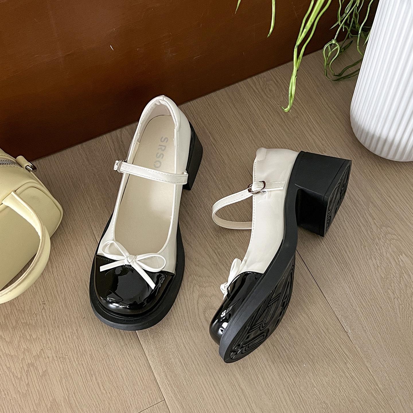 

Mary Jane small leather shoes high heels French summer 2025 new retro thick heel bow single shoes small fragrant style 35 бежевый