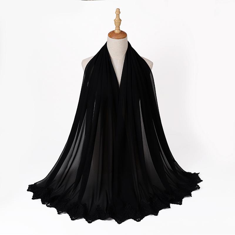New Pearl Chiffon Malaysia Fashion Black Lace Scarves Muslim Shawl Plain Soft Turban Head Wraps Headband