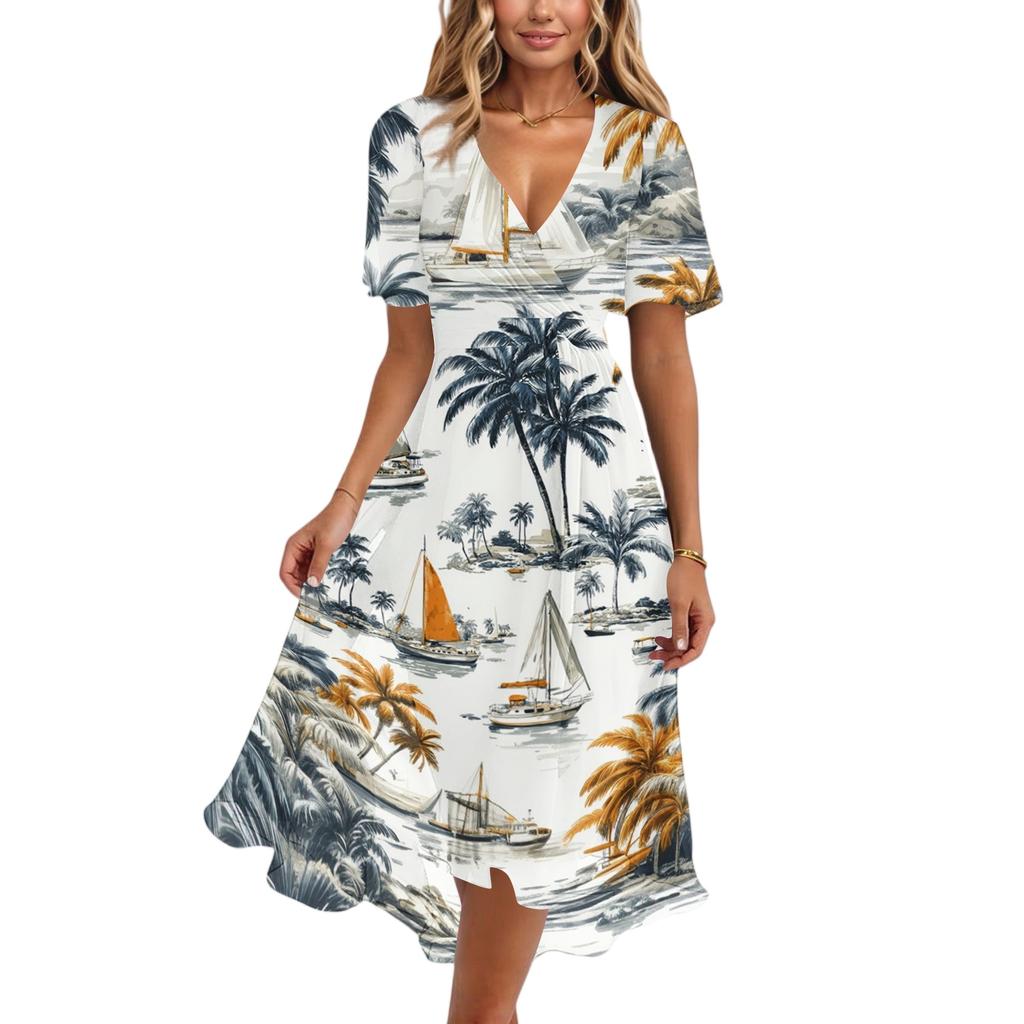 Women's Fashion Casual V Neck Short Sleeve Ruffled Vintage Printed Dresses