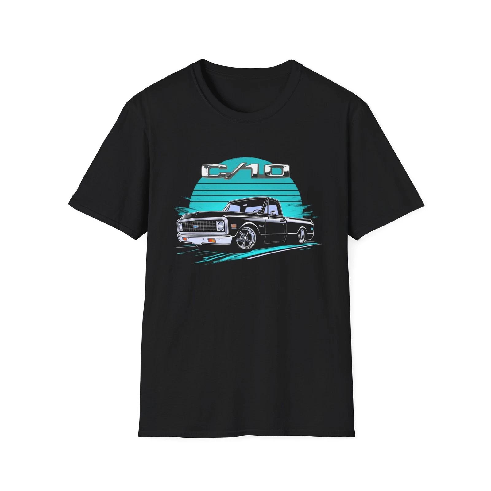 1970 Chevy C10 Pickup T-Shirt Classic Truck Graphic Retro Blue Sunset Design Tee XXL