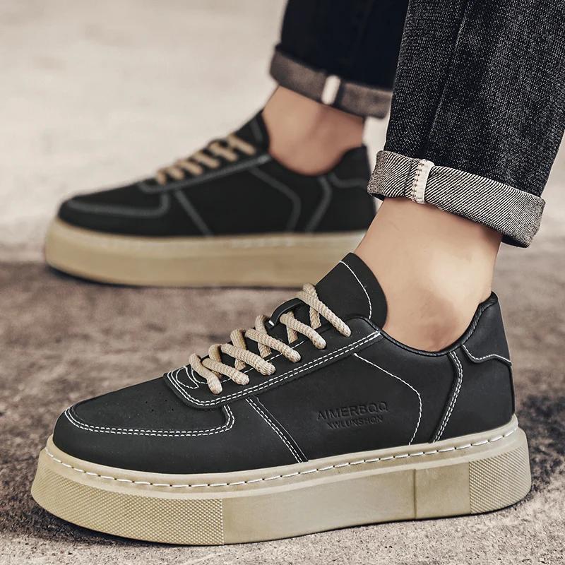 Leather Trend Men Casual Shoes Platform Soft Sneakers Outdoor Breathable Sport Shoes Lightweight Skid Running Shoes Tennis Shoes