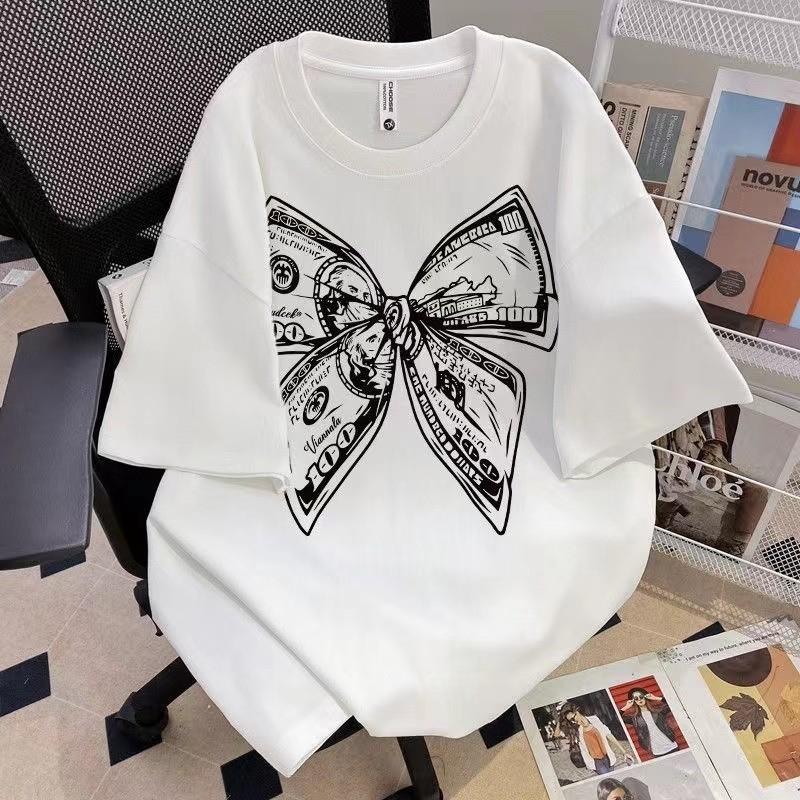 

Summer Fashion Trendy Bow Printing Round Neck T-shirt Short Sleeve Large Size Universal Top for Men and Women M