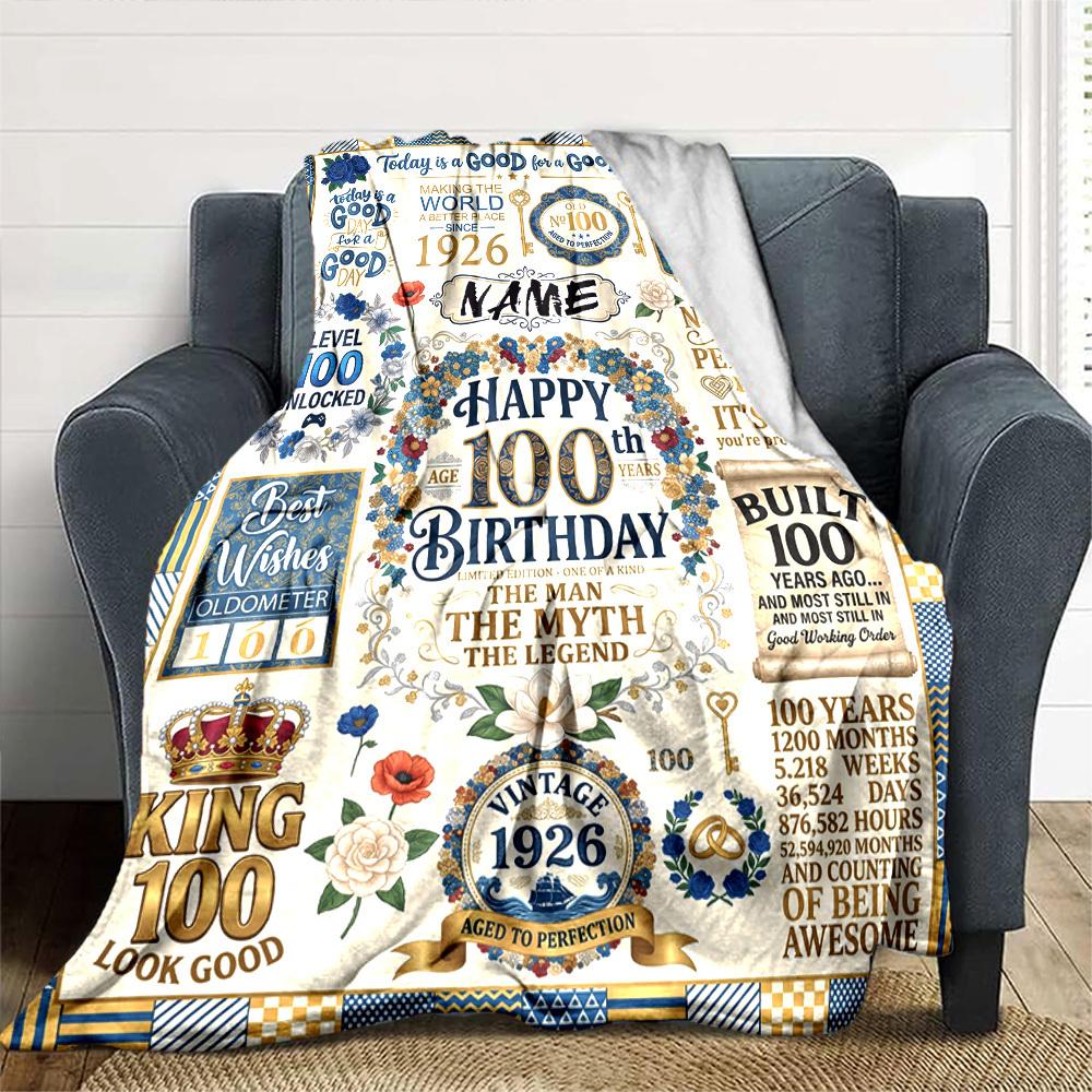 Happy 100Th Birthday 1926 Themed Blanket Personalized Name Soft Warm And Versatile For Sofa Bed Office And Travel Machine Washable Comfortable In All