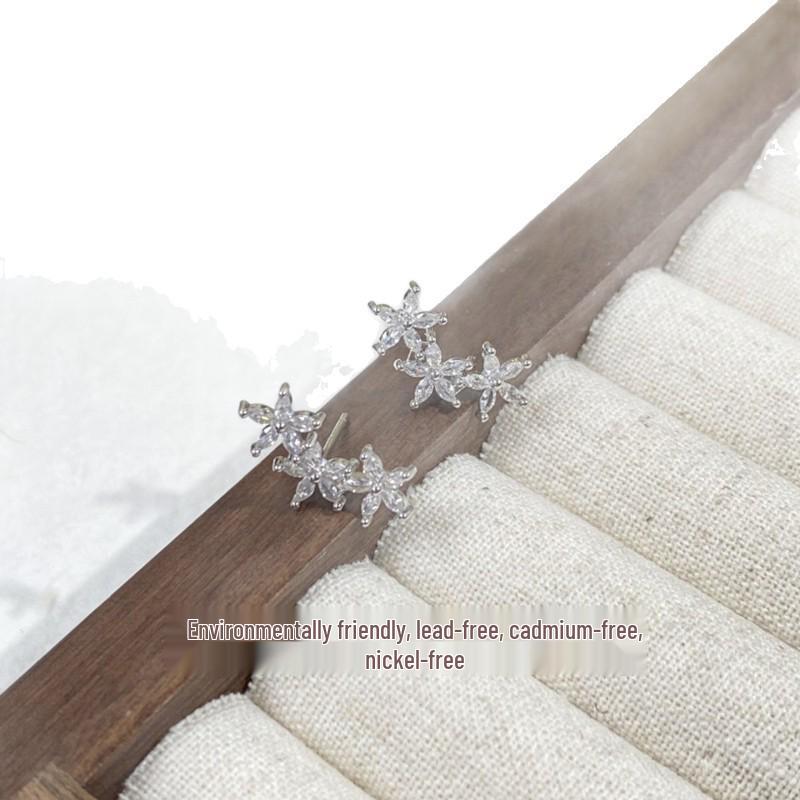 Korean Rhinestone Five-Petal Flower Stud Earrings - Elegant Light Luxury Floral Accessories for Women