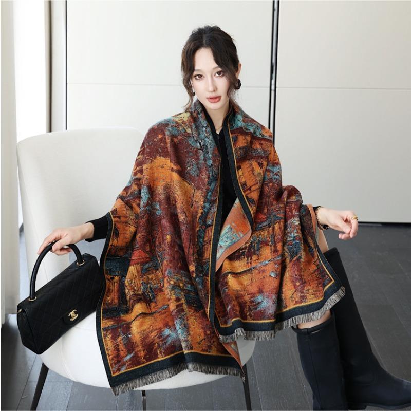 Street scene oil painting scarf women's retro versatile imitation cashmere jacquard shawl autumn and winter new thickened warm scarf